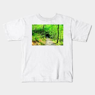 Scene near Lago di Fiastra with path, tunnel, vegetation, trunks Kids T-Shirt